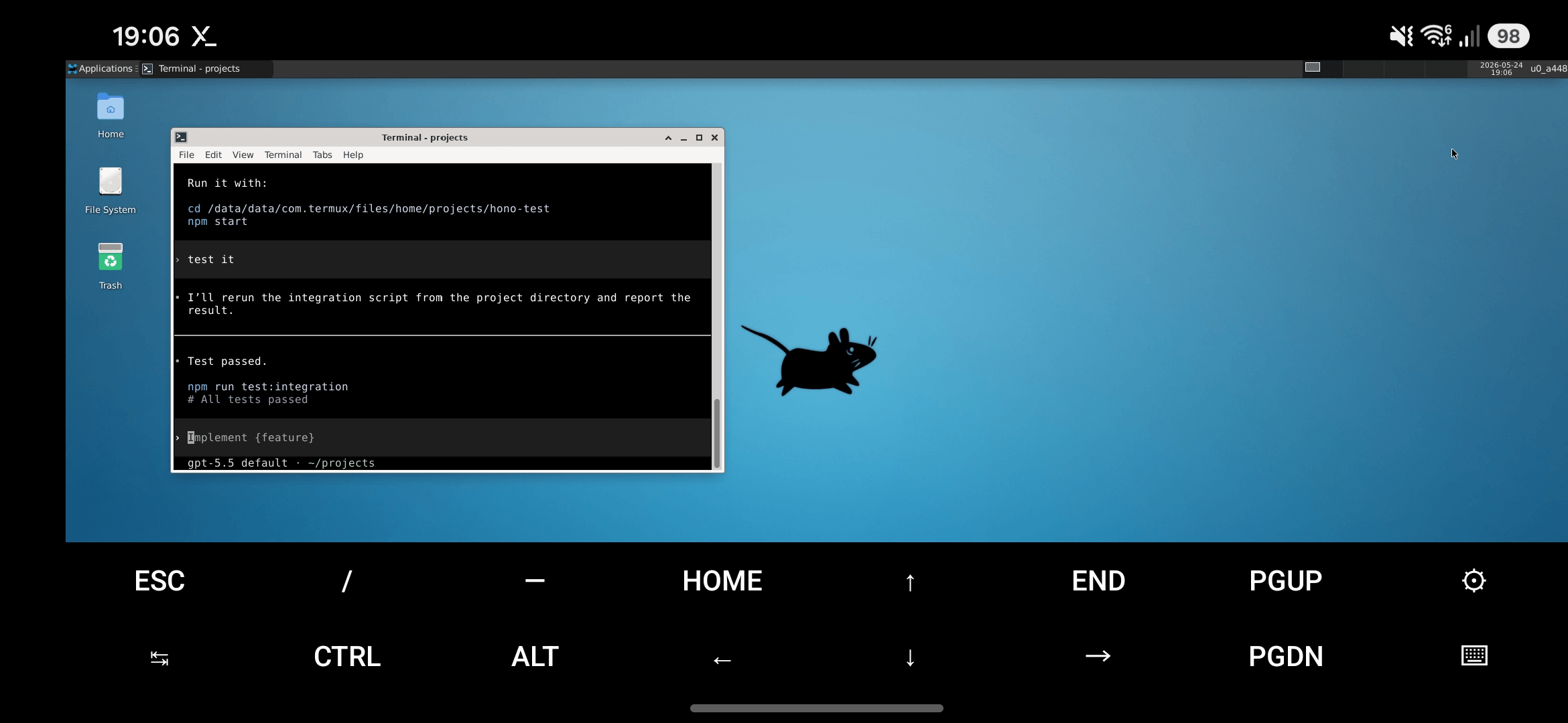 Termux:X11 XFCE desktop on Android showing OpenAI Codex CLI running a Hono integration test successfully